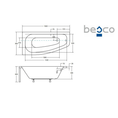 Baignoire asymétrique LUNA - 150 cm - Angle gauche ou droit