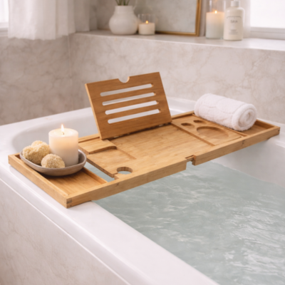 Plateau de baignoire extensible en bambou – Support bain antidérapant multifonction