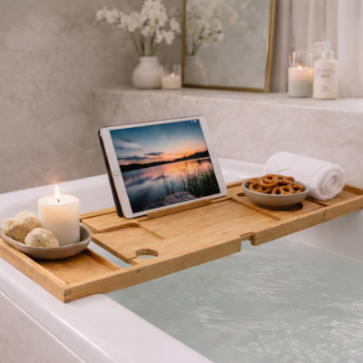 Plateau de baignoire extensible en bambou – Support bain antidérapant multifonction