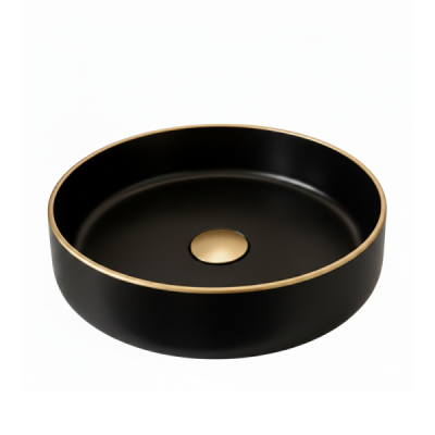 Vasque à poser ronde - 41 cm -Noir mat liseré or - AURIS