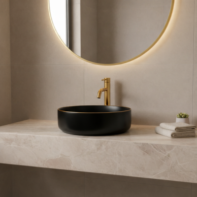 Vasque à poser ronde - 41 cm -Noir mat liseré or - AURIS