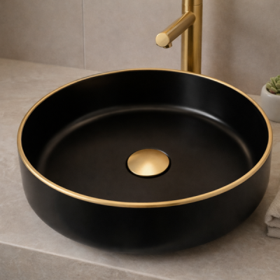 Vasque à poser ronde - 41 cm -Noir mat liseré or - AURIS
