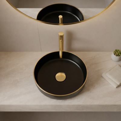 Vasque à poser ronde - 41 cm -Noir mat liseré or - AURIS