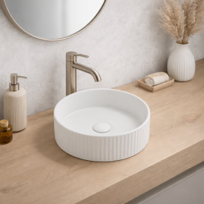 Vasque à poser ronde - 36 cm -Blanc mat rainuré - LUNEA