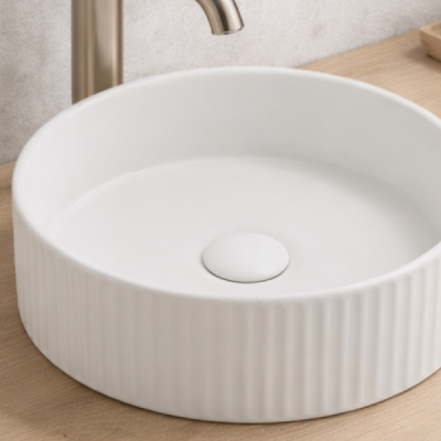 Vasque à poser ronde - 36 cm -Blanc mat rainuré - LUNEA