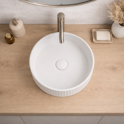 Vasque à poser ronde - 36 cm -Blanc mat rainuré - LUNEA