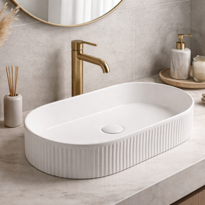 Vasque à poser ovale - 57 x 36 cm - Blanc mat rainuré - LUNEA