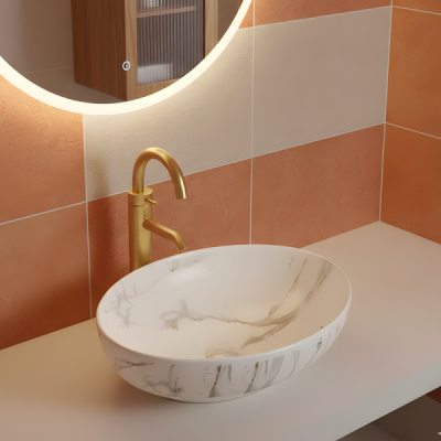 Vasque à poser ovale - 52 x 39,5 cm - Blanc mat marbre - SOFIA
