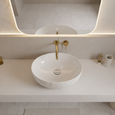 Vasque à poser ronde -38 x 38 cm -Blanc brillant rainuré-ALVIA