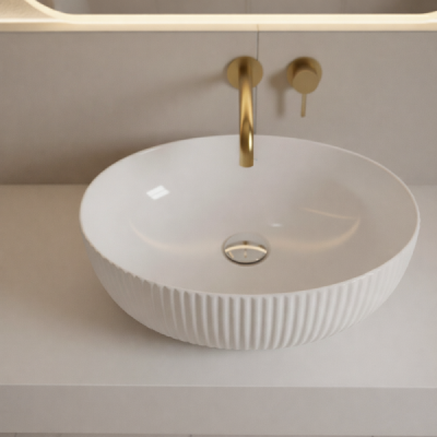 Vasque à poser ronde - 38 x 38 cm - Blanc brillant rainuré- ALVIA