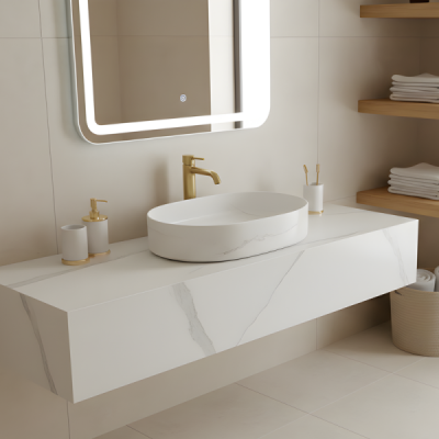 Vasque à poser ovale -50 x 37 cm -Blanc brillant marbre -LYNEA