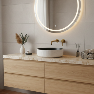 Vasque à poser ronde - 36 cm -Gris et blanc effet pierre - KALEO