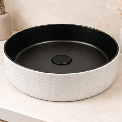 Vasque à poser ronde - 36 cm -Gris et blanc effet pierre - KALEO
