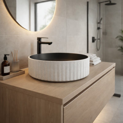 Vasque à poser ronde -40 cm - Gris et blanc effet pierre -KAVIO