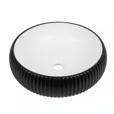 Vasque à poser ronde -42 cm -Blanc et Noir rainurée -KAVIO