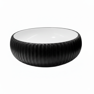 Vasque à poser ronde -42 cm -Blanc et Noir rainurée -KAVIO