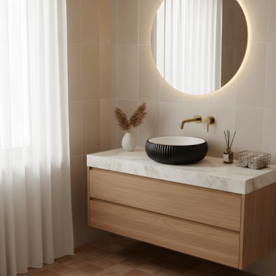 Vasque à poser ronde -42 cm -Blanc et Noir rainurée -KAVIO