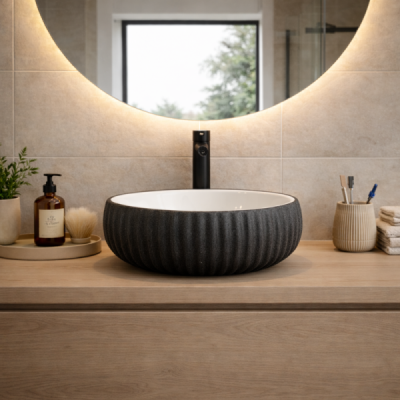 Vasque à poser ronde -42 cm -Blanc et Noir rainurée -KAVIO