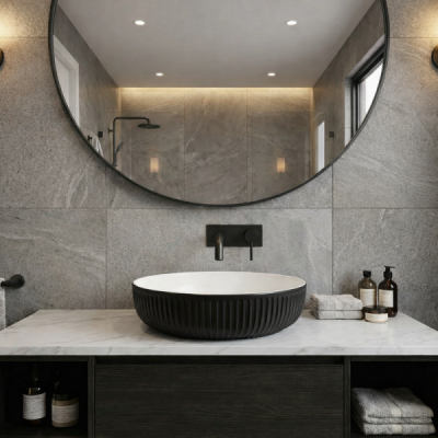 Vasque à poser ronde -38 cm -Noir mat rainurée -KAVIO