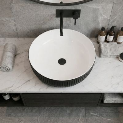 Vasque à poser ronde -38 cm -Noir mat rainurée -KAVIO