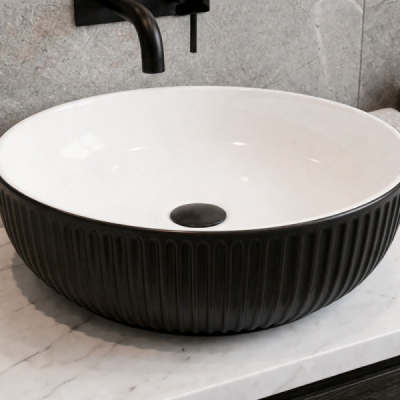 Vasque à poser ronde - 38 cm - Noir mat rainurée - KAVIO