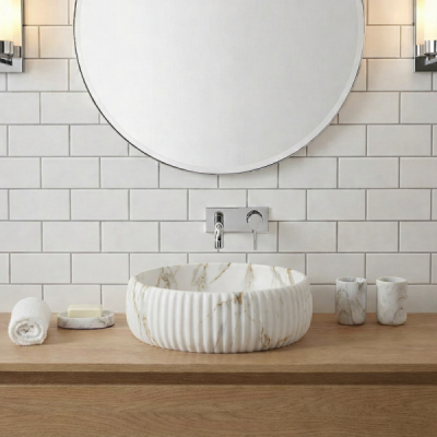 Vasque à poser ronde - 42 cm - Marbre mat rainurée - MARVEO