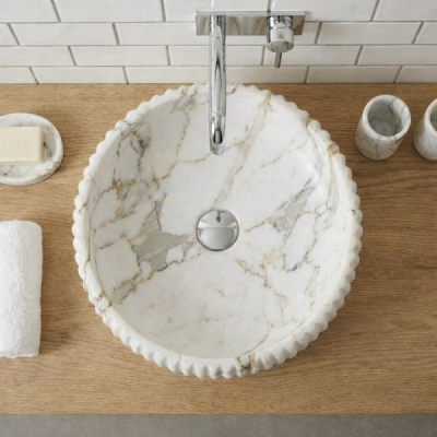 Vasque à poser ronde -42 cm -Marbre mat rainurée -MARVEO