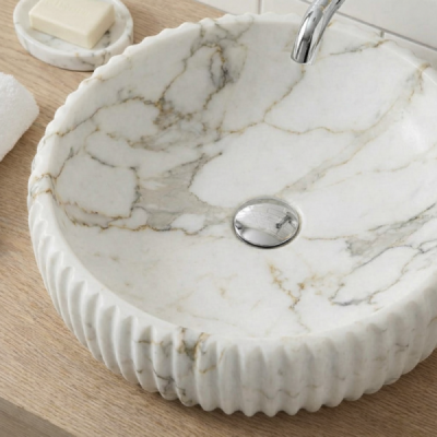 Vasque à poser ronde -42 cm -Marbre mat rainurée -MARVEO