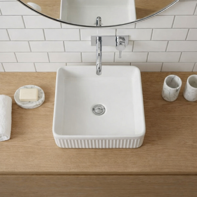 Vasque à poser carrée -37 x 37 cm -Blanc brillant rainuré -CUBELIA