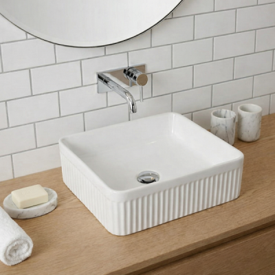 Vasque à poser carrée - 37 x 37 cm - Blanc brillant rainuré - CUBELIA