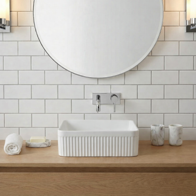 Vasque à poser carrée -37 x 37 cm -Blanc brillant rainuré -CUBELIA