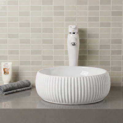 Vasque à poser ronde -42 cm -Blanc brillant rainurée -ELVORA