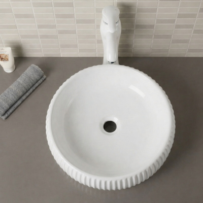 Vasque à poser ronde -42 cm -Blanc brillant rainurée -ELVORA