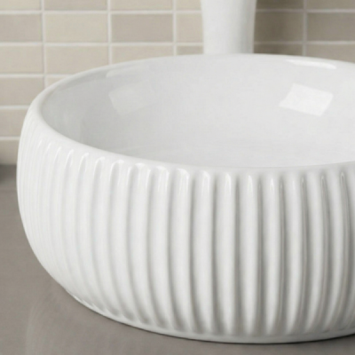 Vasque à poser ronde -42 cm -Blanc brillant rainurée -ELVORA