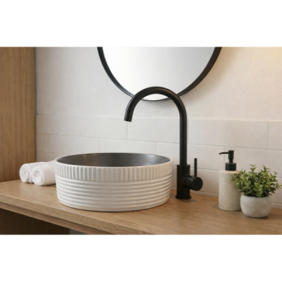Vasque à poser ronde - 40 cm - Noir effet pierre rainuré blanc - KALEO STONE