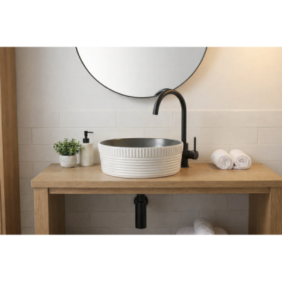 Vasque à poser ronde -40 cm -Noir effet pierre rainuré blanc -KALEO STONE