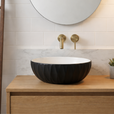 Vasque à poser ronde -39,5 x 39,5 cm -Noir et blanc rainuré -LYSARA