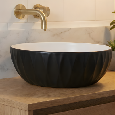 Vasque à poser ronde -39,5 x 39,5 cm -Noir et blanc rainuré -LYSARA