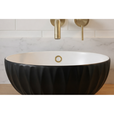 Vasque à poser ronde -39,5 x 39,5 cm -Noir et blanc rainuré -LYSARA
