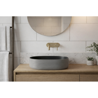 Vasque à poser ovale -60 x 38 cm -Marron et blanc rainuré -MIREA