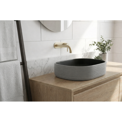 Vasque à poser ovale -60 x 38 cm -Marron et blanc rainuré -MIREA