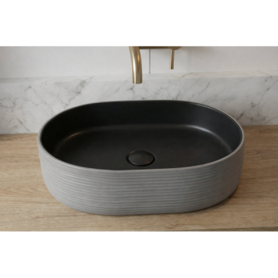 Vasque à poser ovale -60 x 38 cm -Marron et blanc rainuré -MIREA