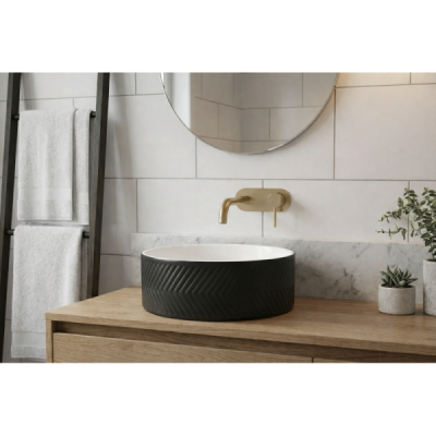 Vasque à poser ronde - 36,5 cm - Noir et blanc rainuré - MIREA
