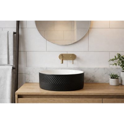 Vasque à poser ronde -36,5 cm -Noir et blanc rainuré -MIREA
