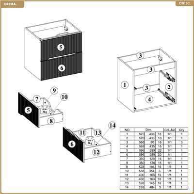 Meuble sous-vasque - L.60 x H.57 x P.45,8 cm - CREMA