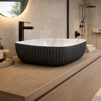 Vasque à poser rectangulaire - 47 x 33,5 cm - Noir et blanc marbré - VELORA