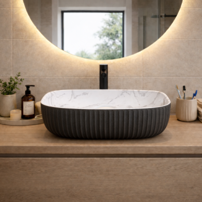 Vasque à poser rectangulaire - 47 x 33,5 cm - Noir et blanc marbré - VELORA