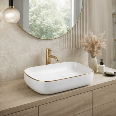 Vasque à poser rectangulaire - 45,5 x 32 cm - Blanc brillant détail or - ELVINA