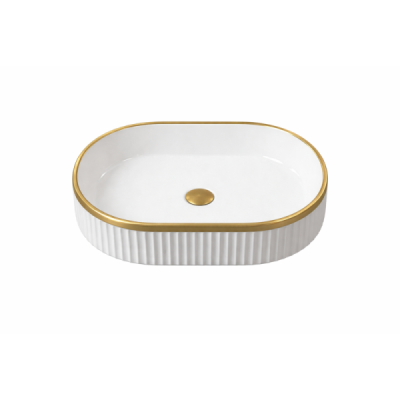 Vasque à poser ovale -49 x 31 cm -Blanc brillant liseré or -ORIELA