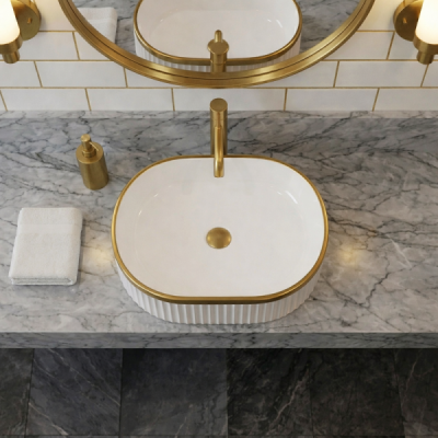 Vasque à poser ovale -49 x 31 cm -Blanc brillant liseré or -ORIELA